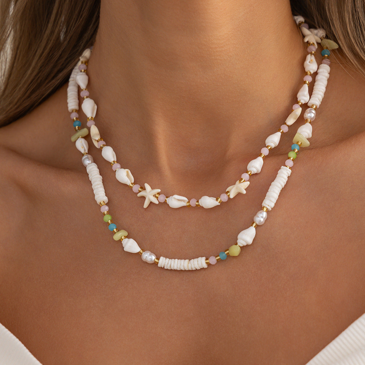 Sweet Multi-layer Conch Starfish Faux Pearl Beaded Necklace for Women
