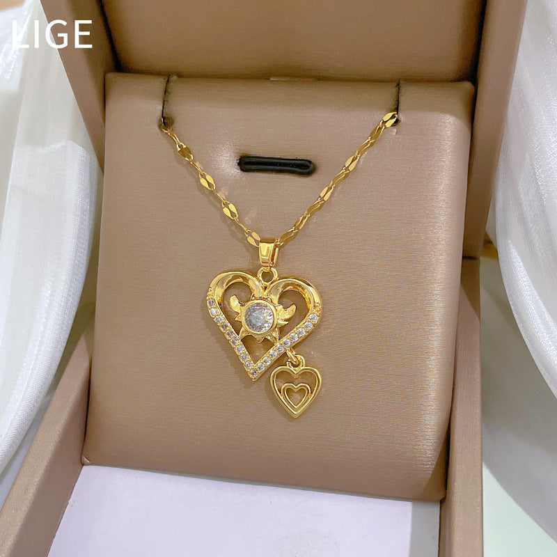 Sweet Elegant Double Layer Heart Geometric Cubic Zirconia Plated Titanium Steel Necklace for Unisex