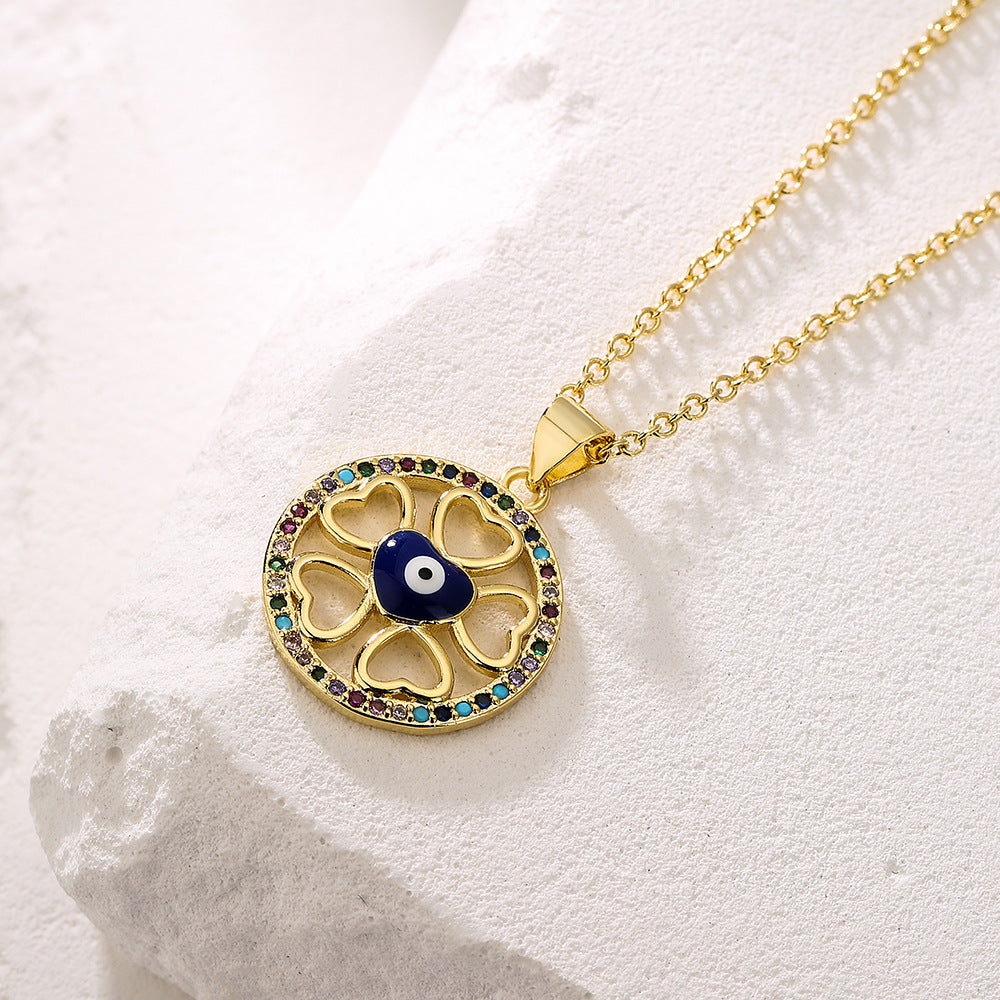 Bohemian Style Geometric Evil Eye Pendant Necklace in Copper with 18K Gold Plating and Enamel Finish, Set with Zircon