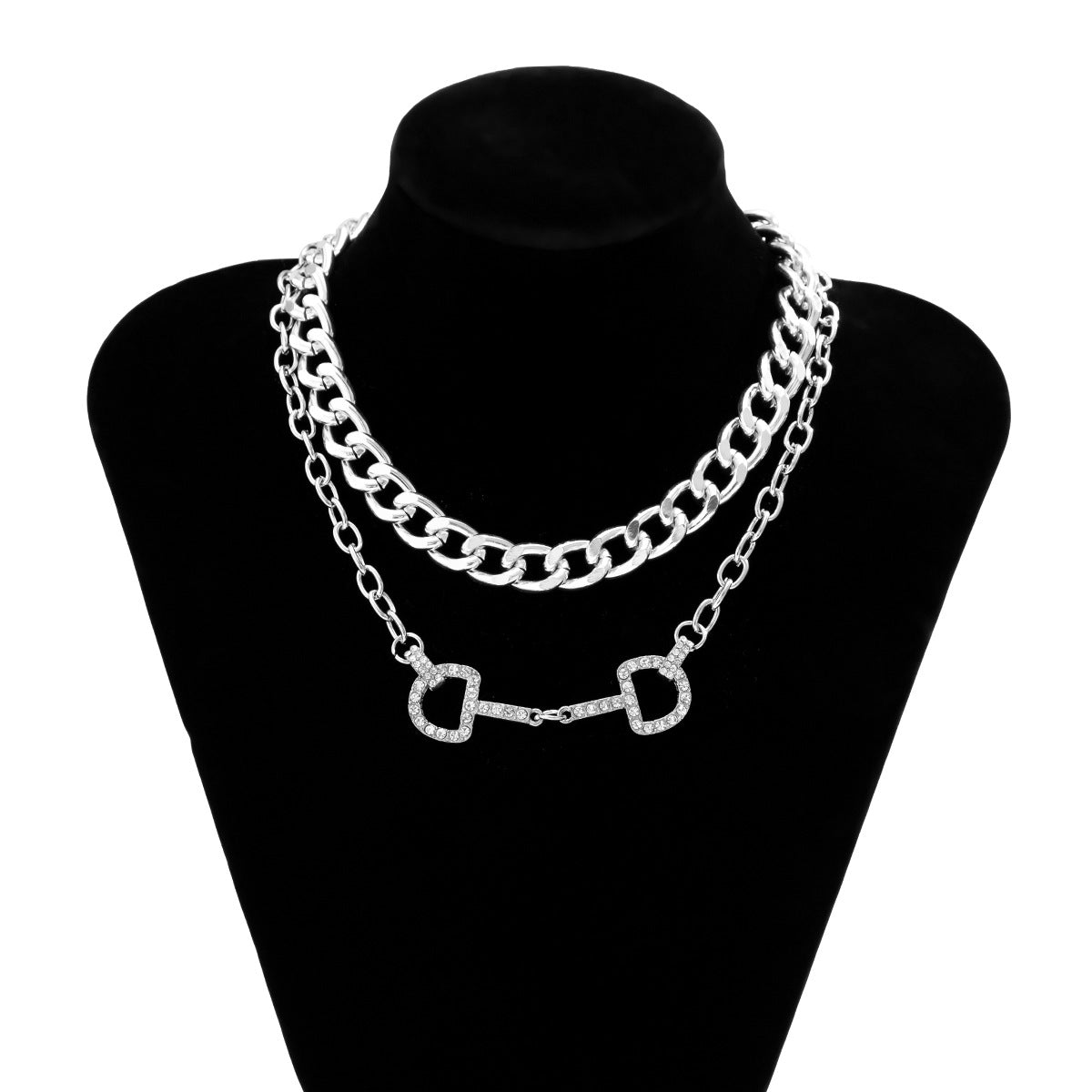 Collana a doppio strato geometrica minimalista spigolosa con strass e catena in lega galvanizzata