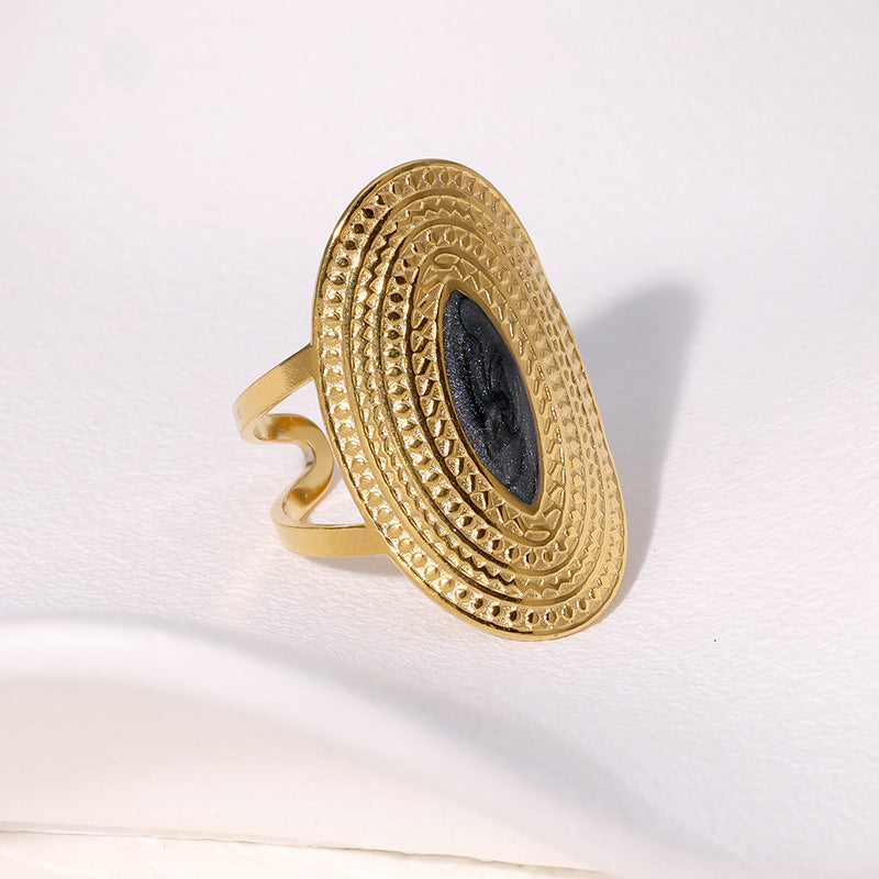 Vintage Oversized Wide Index Finger Ring in Geometric Shape with 18K Gold Plating and Enamel Finish on Stainless Steel