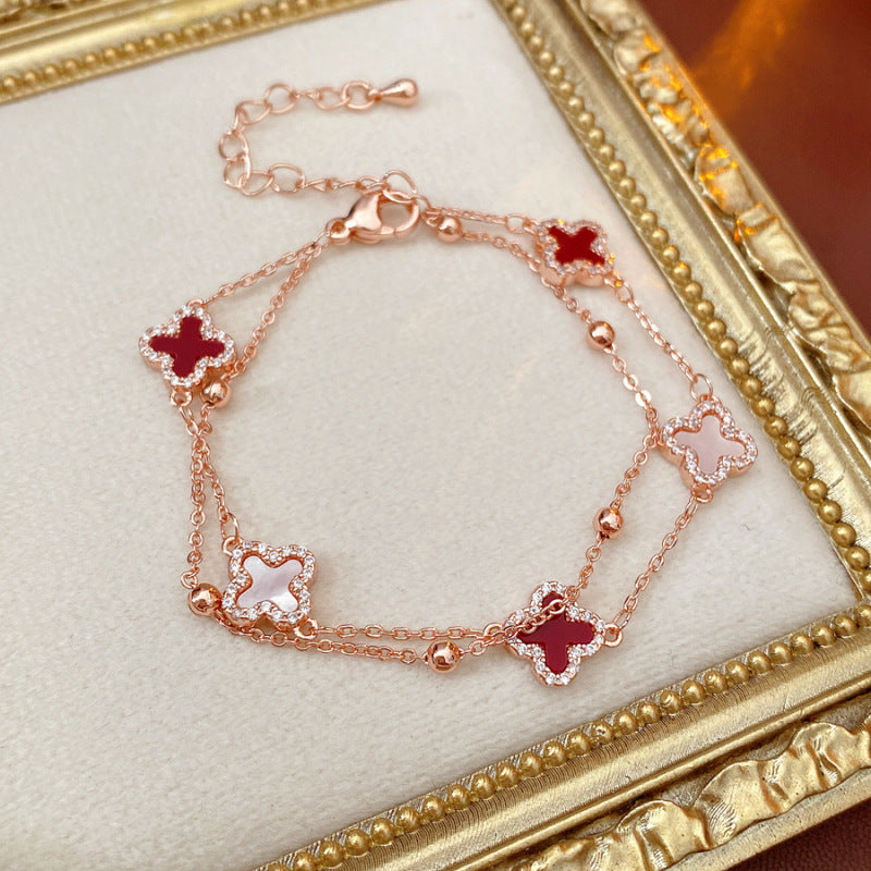 Elegant Floral Geometric Brass Bracelet with Cubic Zirconia Inlay for Women