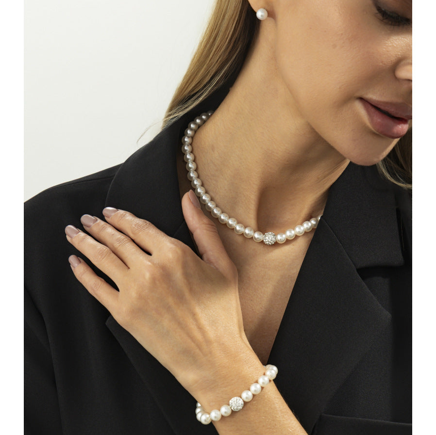 Casual Round Geometric Acrylic Pearl Necklace with Rhinestone Inlay for Women