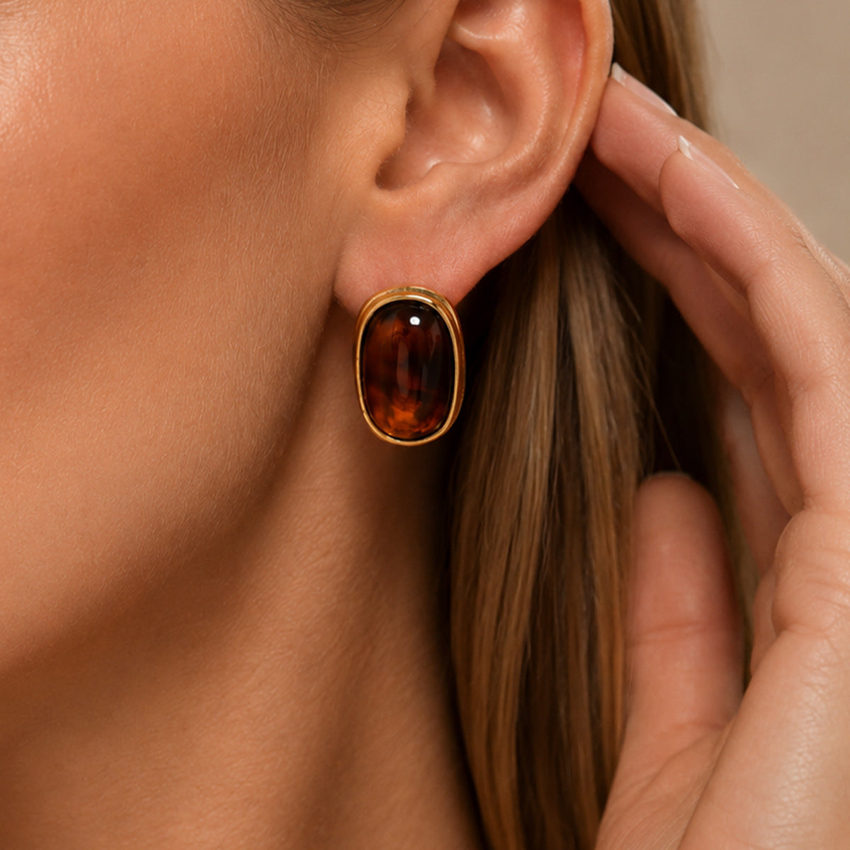 French Vintage Oval Gradient Resin 18K Gold Plated Stainless Steel Earrings for Women
