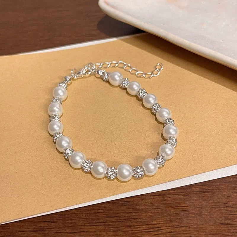 Vintage French Geometric Pearl-Style Bracelet with Zircon Accents Handmade for Women