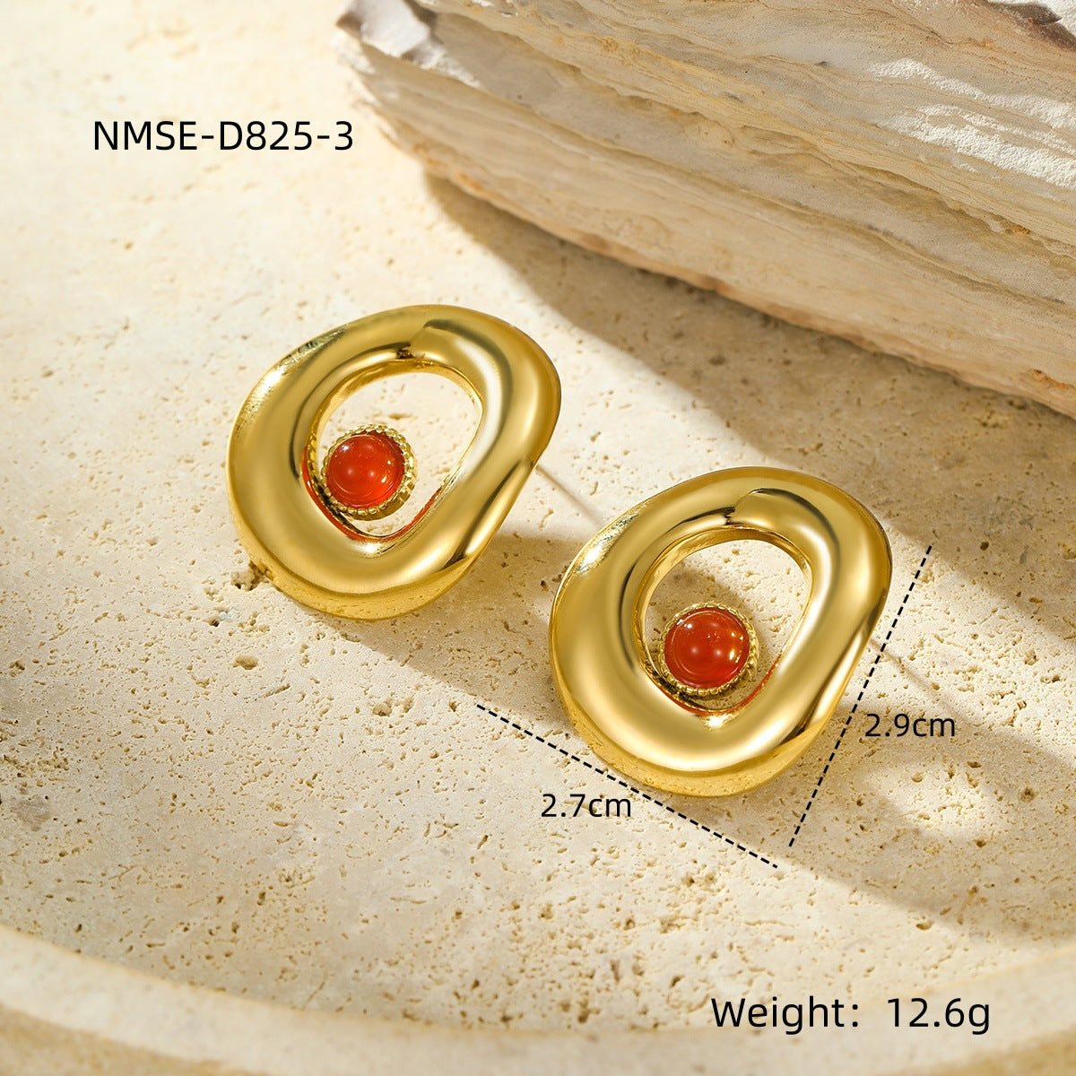 Pendientes de mujer de estilo francés vintage con forma geométrica irregular redonda calada en acero de titanio con incrustaciones de piedra natural y acabado chapado