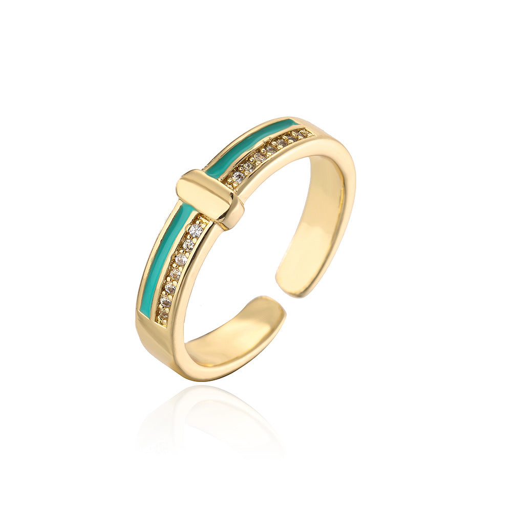 Anello minimalista geometrico in rame con placcatura in oro vero e accenti di zirconi smaltati da donna