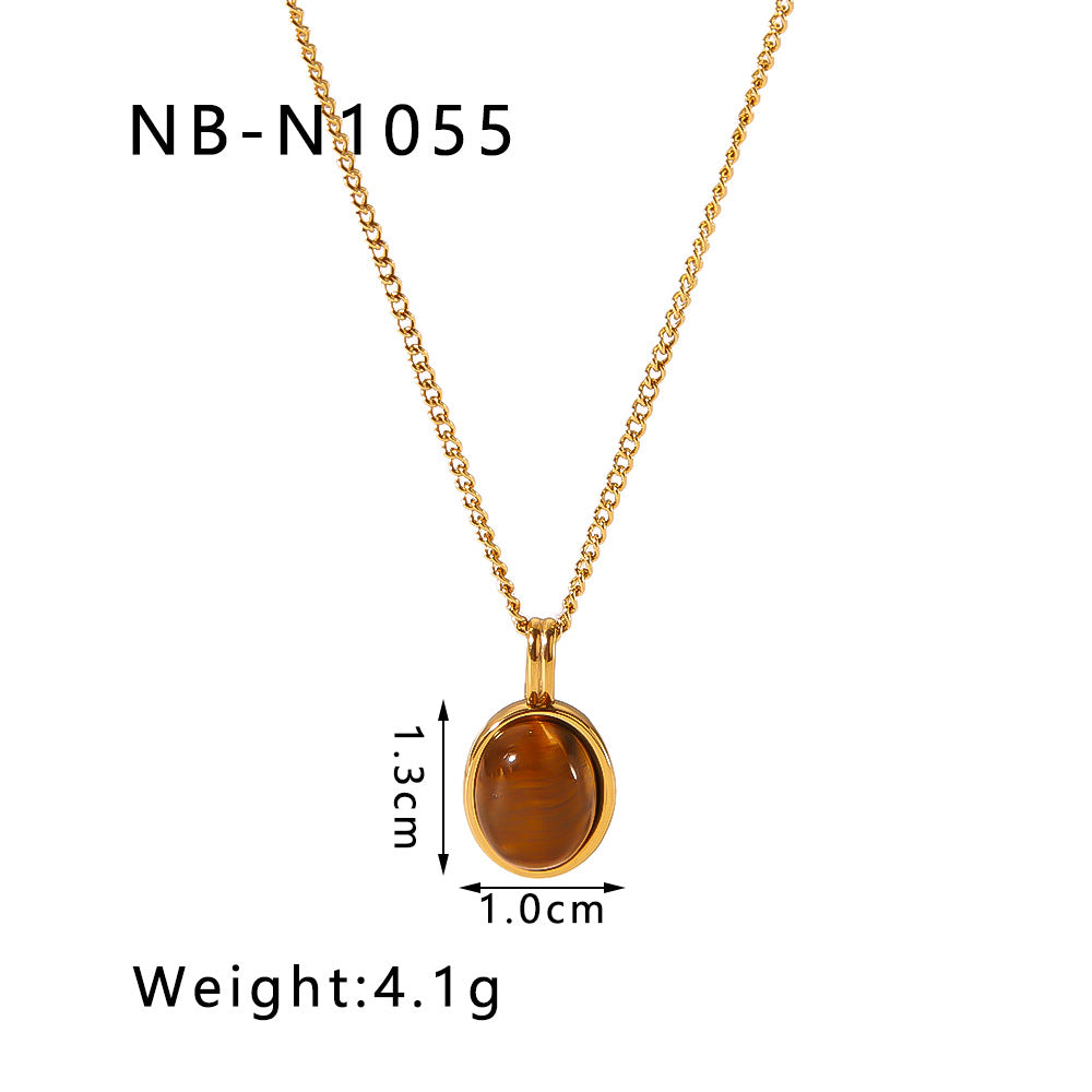Vintage French Style Geometric Pendant Necklace for Women Stainless Steel with 18K Gold Plating and Natural Tiger Eye Inlay