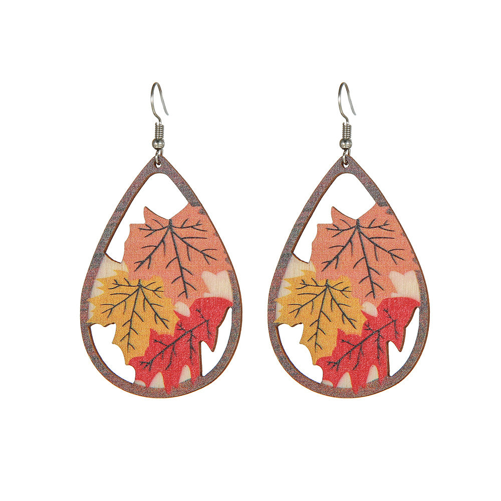 Hollow Maple Leaf Teardrop Wood Plated Earrings