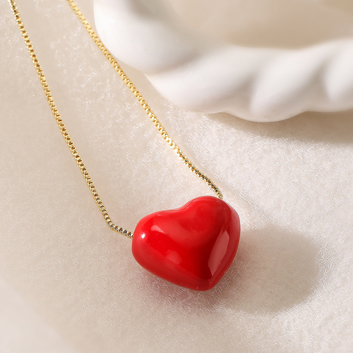 Minimalist Red Enamel Heart Pendant Necklace for Women with Copper Chain