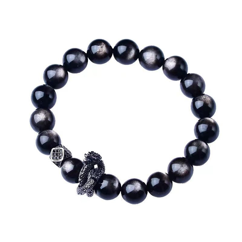 Bracciale Geometrico con Perline di Ossidiana Nera, Montatura in Rame e Accenti di Zirconi, Accessorio Moda Unisex per Donna e Uomo