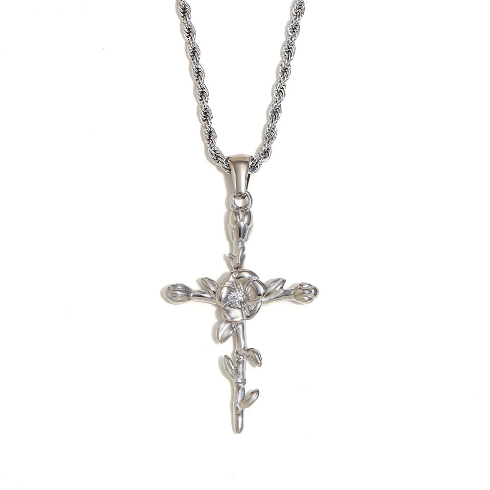 Vintage French-Style Floral Pendant Necklace in Stainless Steel with 18K Gold Plating for Women