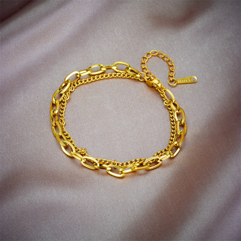 Pulsera de doble capa apilable de Hip Hop minimalista vintage de acero de titanio chapado para mujer
