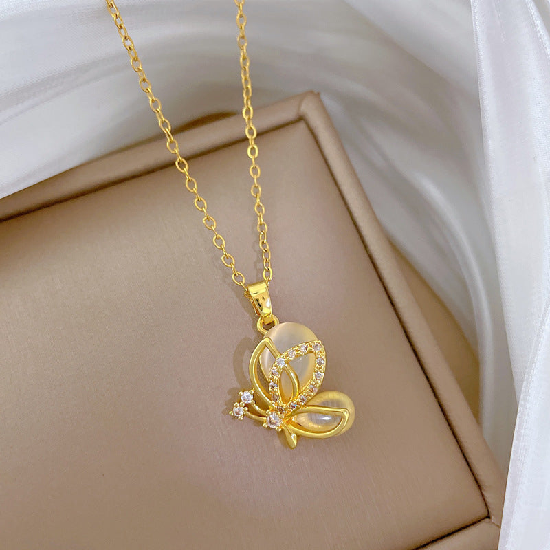 Sweet Butterfly Cat's Eye Rhinestone Titanium Steel Necklace for Women and Men