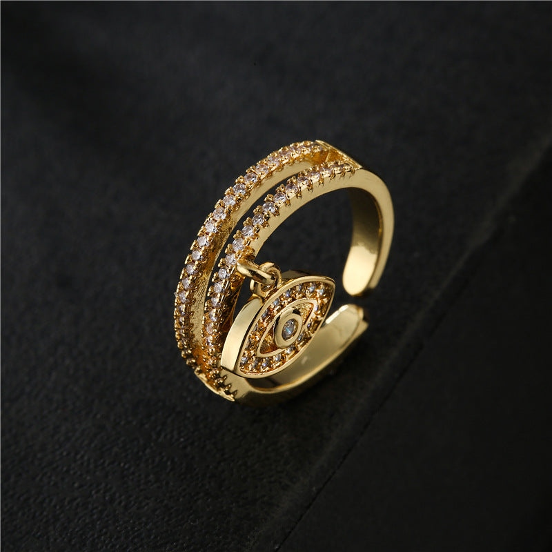 Minimalist Gold Geometric Micro-inlay Cubic Zirconia Evil Eye Ring Adjustable Open Ring for Women