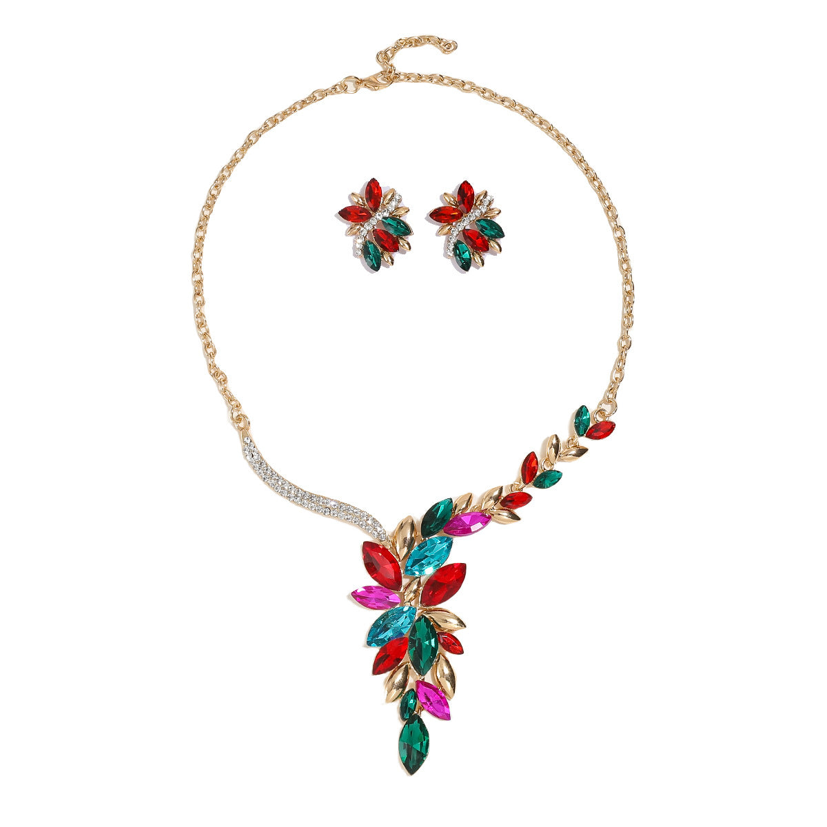 Elegant Floral Wedding Necklace Set for Women with Alloy Pendant, Rhinestone Inlay, Gold Plated O-Chain, Fresh and Sweet Style