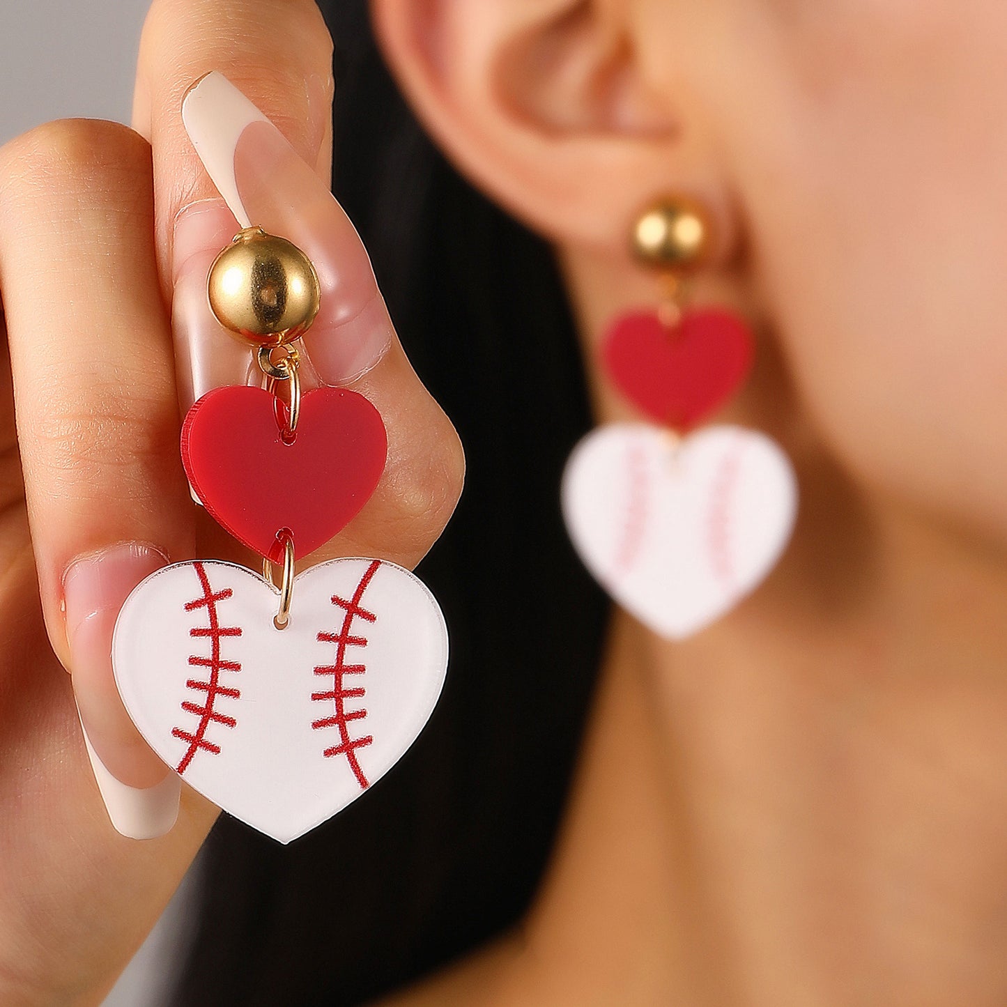 Vintage Acrylic Heart Stud Earrings with Sports Ball Print for Women
