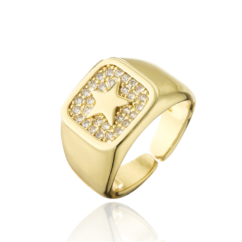 Punk Style Geometric Star-Shaped Copper Ring with 18K Gold Plating and Micro-Pave Zirconia