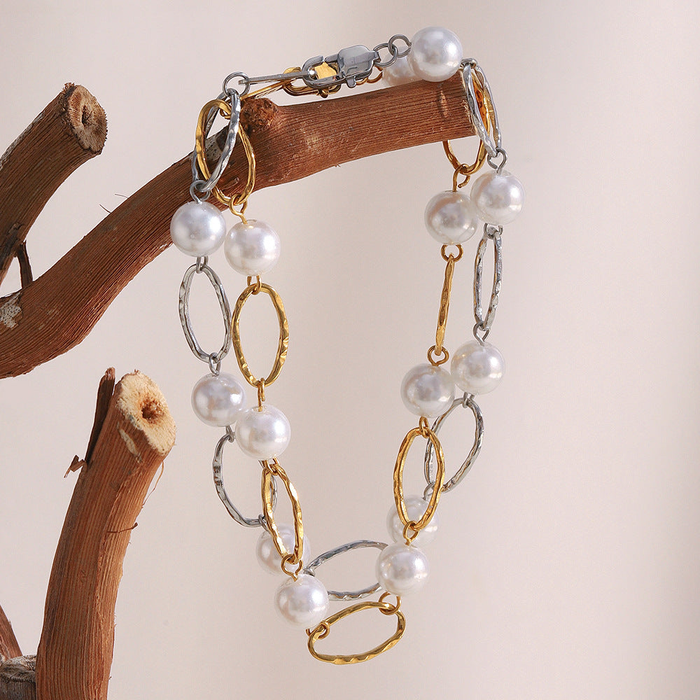 Bracciale da donna in acciaio inossidabile placcato oro 18 carati con perle finte, geometrico e minimalista