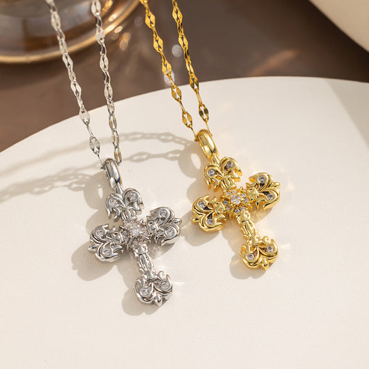 Collana con ciondolo a croce in stile vintage in acciaio al titanio con finitura dorata galvanizzata su catena a O per donna