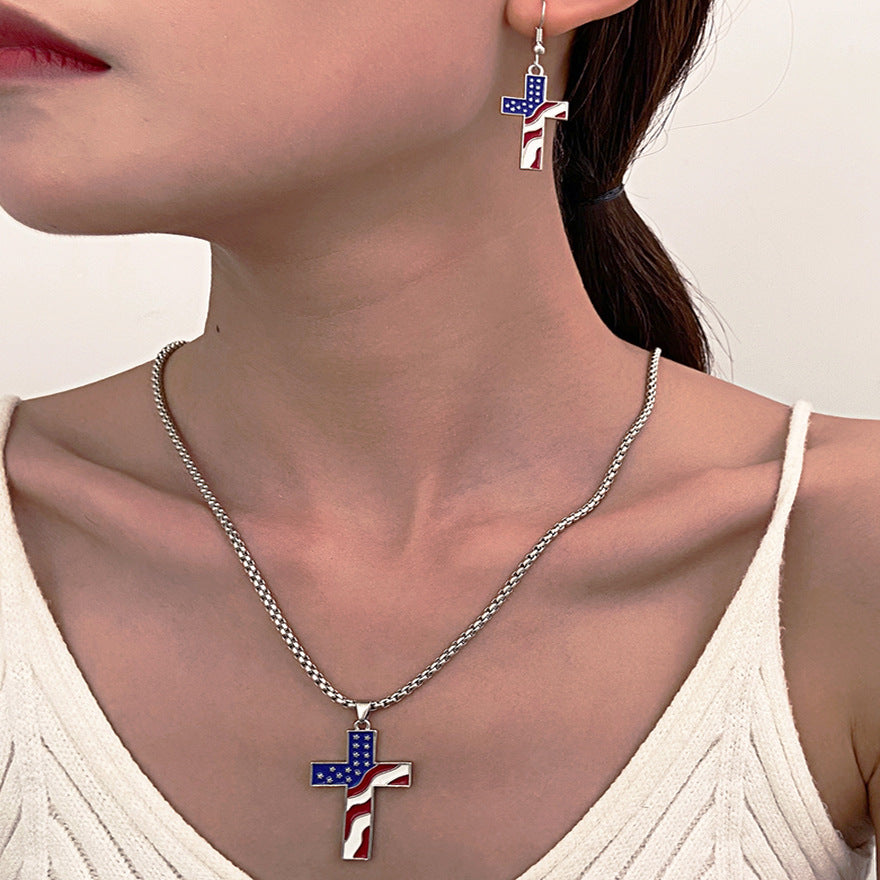 Set di collana e orecchini a croce a strisce in lega per donna