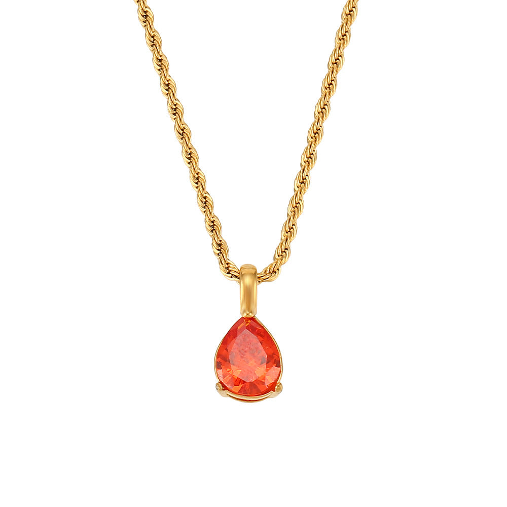 Fashionable Vintage Geometric Stainless Steel Twisted Rope Necklace with Teardrop Rhinestone Pendant for Women