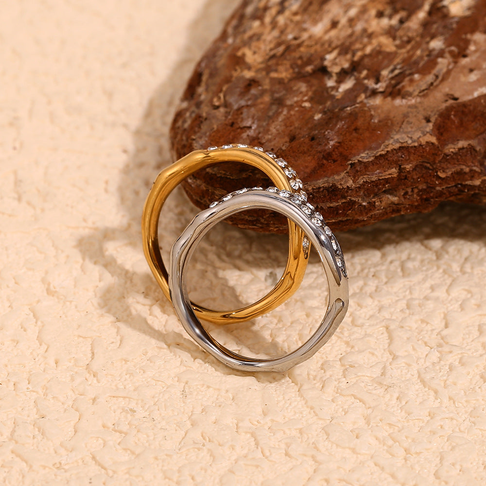 Minimalist Geometric Stainless Steel Ring with Micro-Pavé White Zirconia and 18K Gold Plating for Women