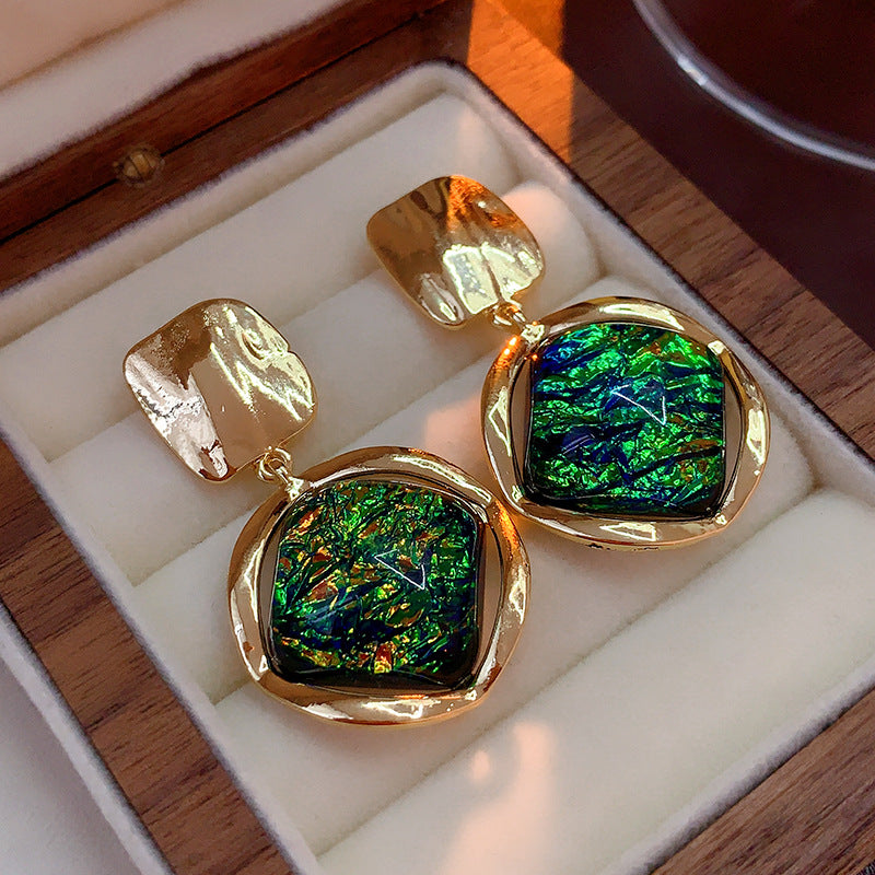Vintage Geometric Resin Earrings with Stainless Steel Posts in Green Color, Electroplated Alloy, Minimalist Fashion Jewelry for Women