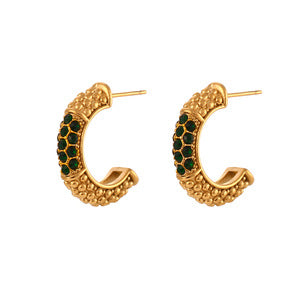 Fashion Minimalist Geometric C-Shaped Zirconia-Set Stainless Steel Earrings with 18K Gold Plating for Women