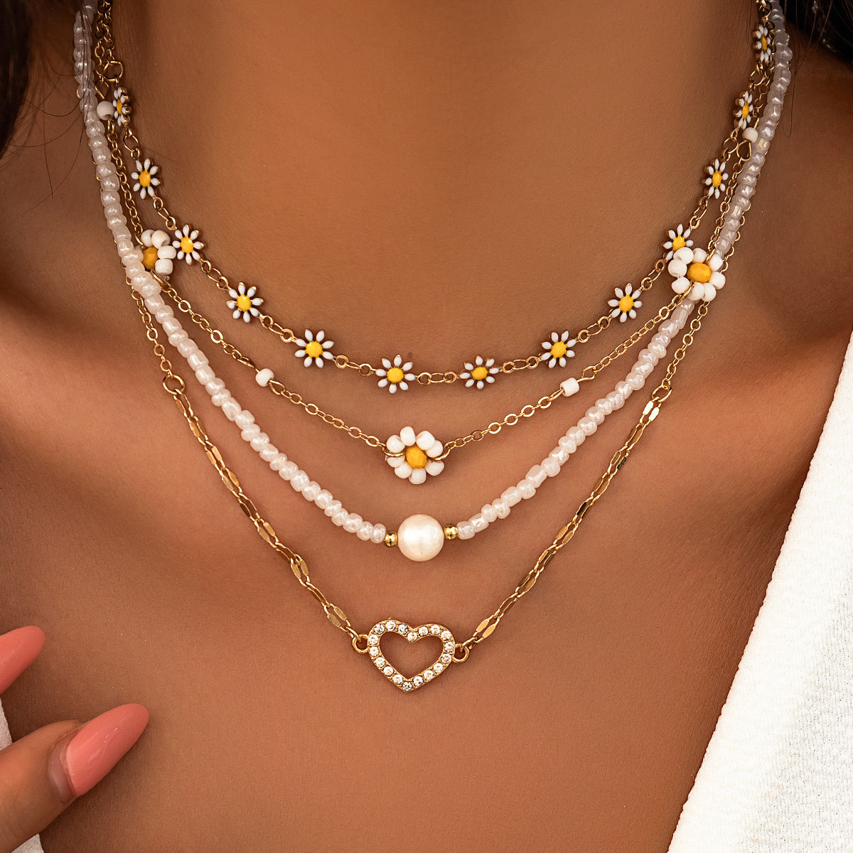 Sweet Floral Heart Rhinestone & Imitation Pearl Alloy Plated Necklace Set for Women