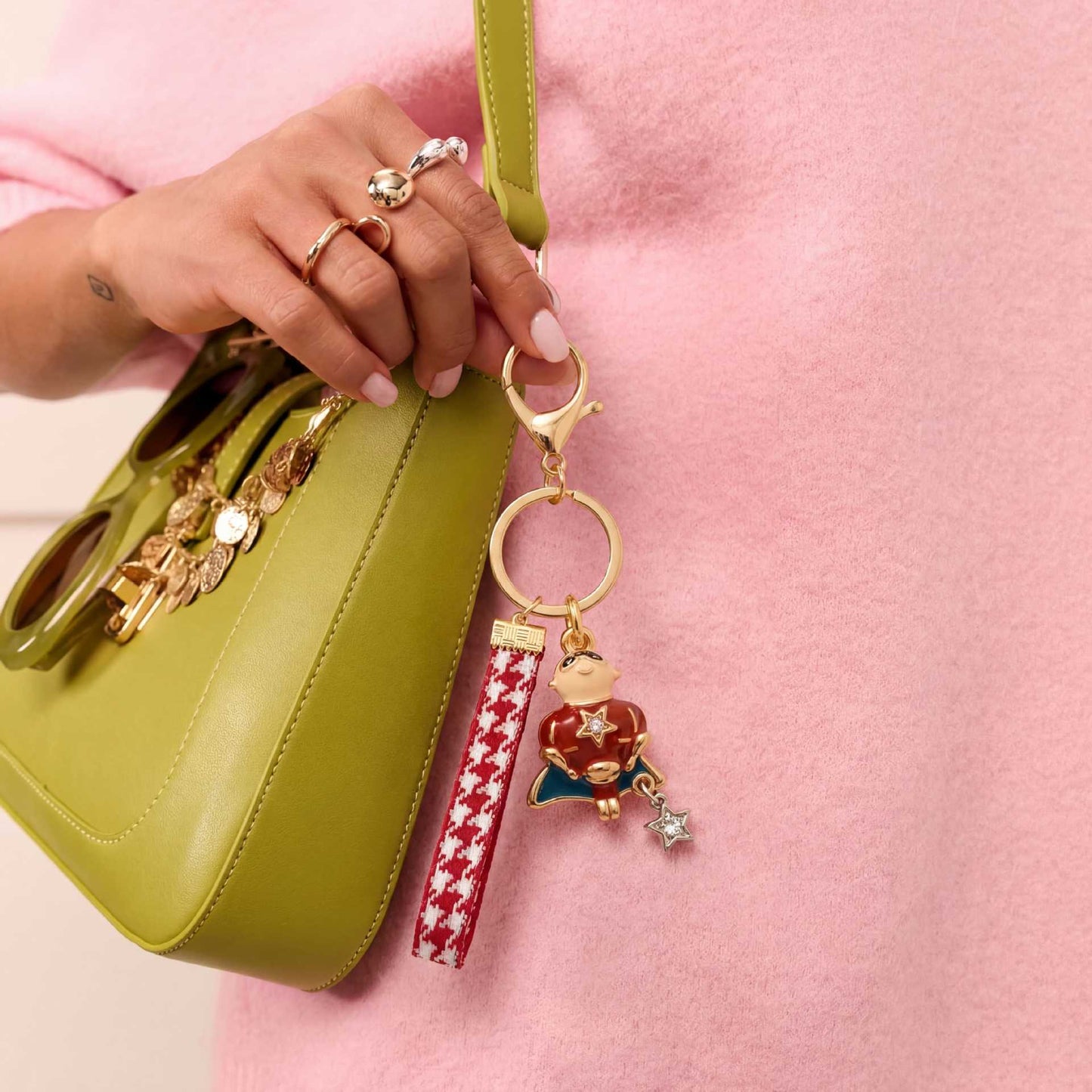 Sweet Gold Plated Brass Cartoon Strawberry Charm Bar Bag Pendant Keychain for Women