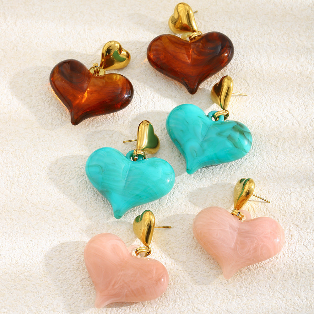 Vintage 18K Gold Plated Stainless Steel and Acrylic Heart Earrings