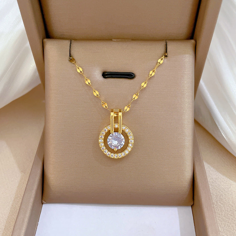 Collana con ciondolo a cerchio in titanio e strass di lusso per clavicola, gioielli geometrici delicati ispirati al vintage