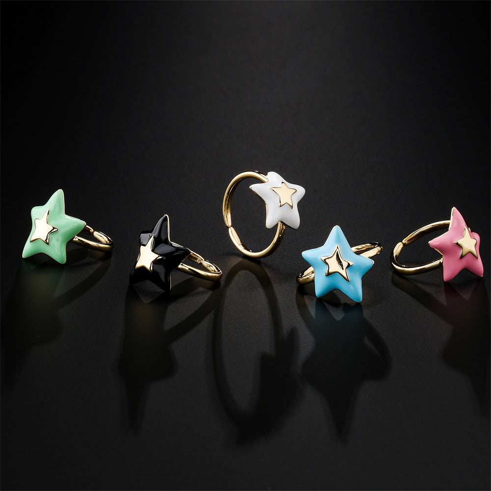 Minimalist Irregular Five-Pointed Star Open Ring for Women in Copper with 18K Gold Plating and Enamel Finish