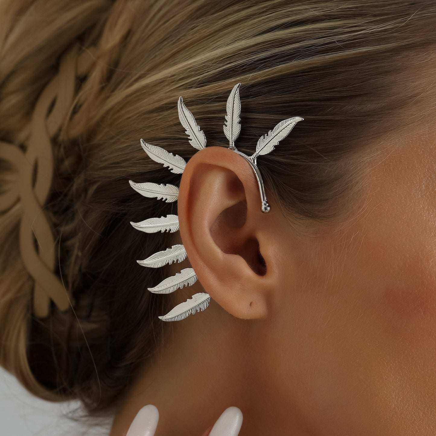 Exaggerated Alloy Plated Feather Ear Cuff for Women