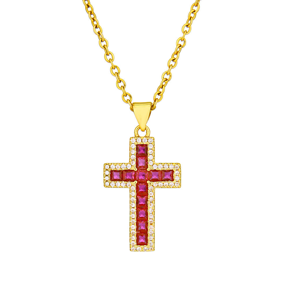 Collana pendente a croce minimalista da donna in rame con placcatura in oro e cristalli di zircone colorati su catena piatta a croce