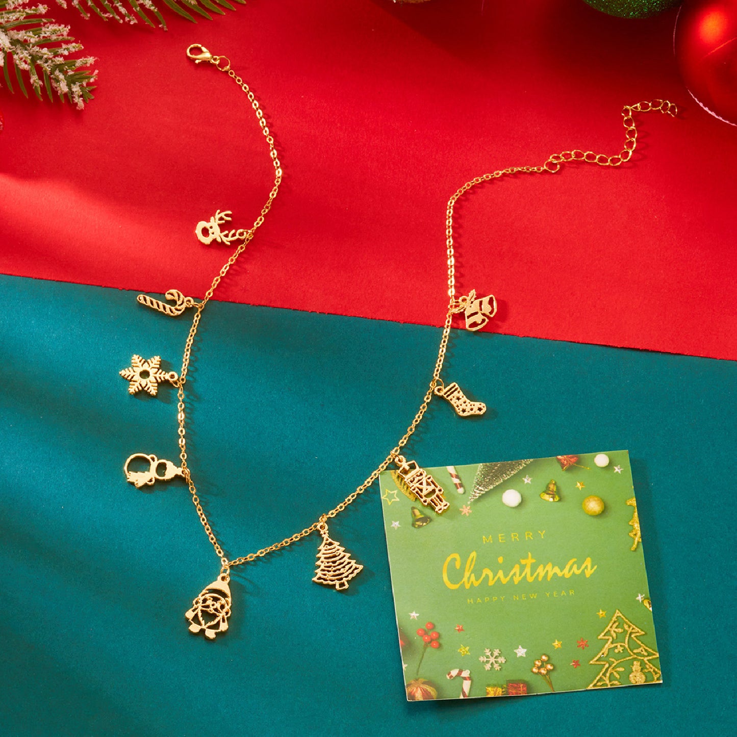 Collana con Ciondolo a Ghirlanda Natalizia alla Moda con Motivi di Campanella di Babbo Natale e Fiocco di Neve da Donna, Collana Placcata in Lega di Zinco per Regali di Natale