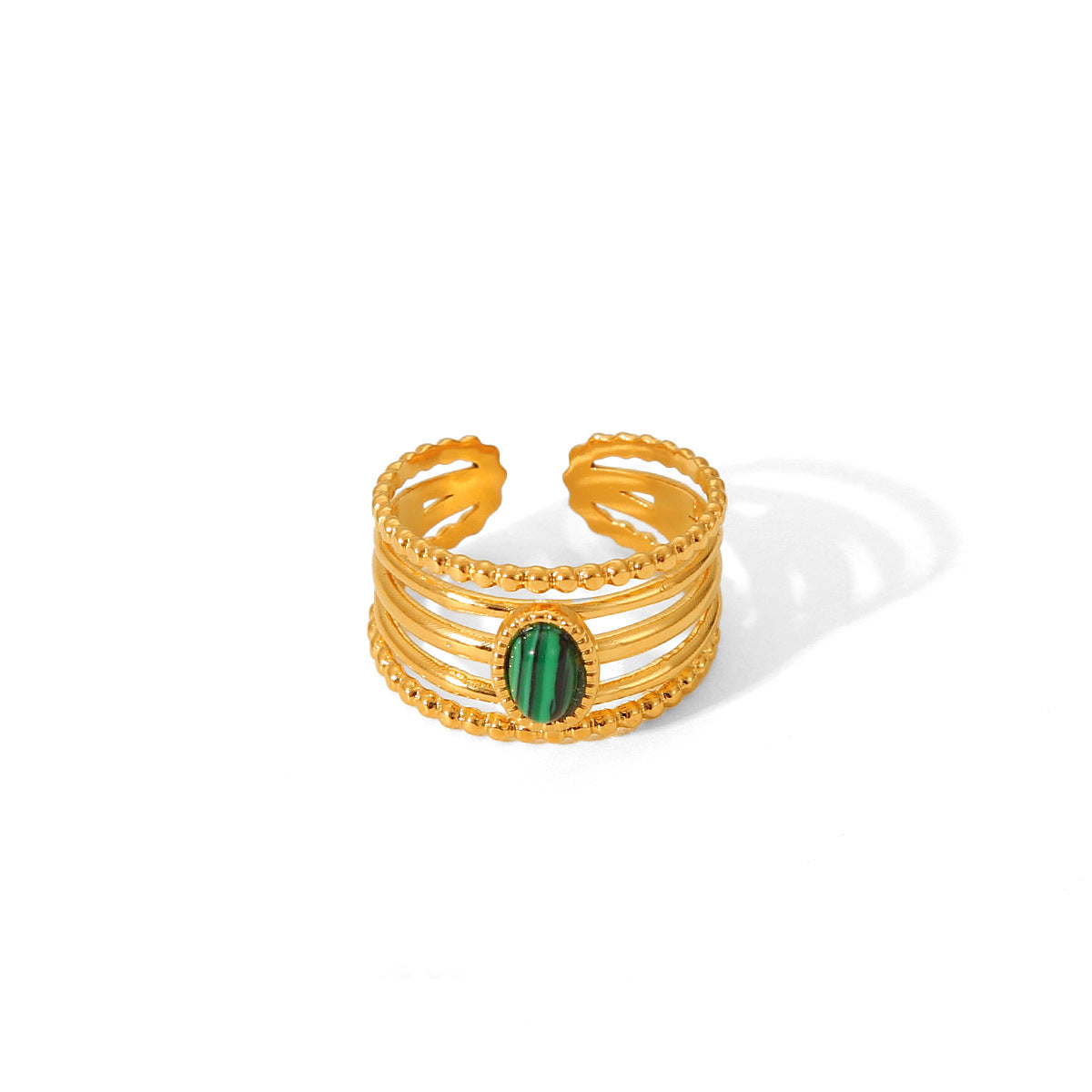 Minimalist Geometric Open Ring for Women in Titanium Steel with Electroplated Finish and Natural Malachite Inlay
