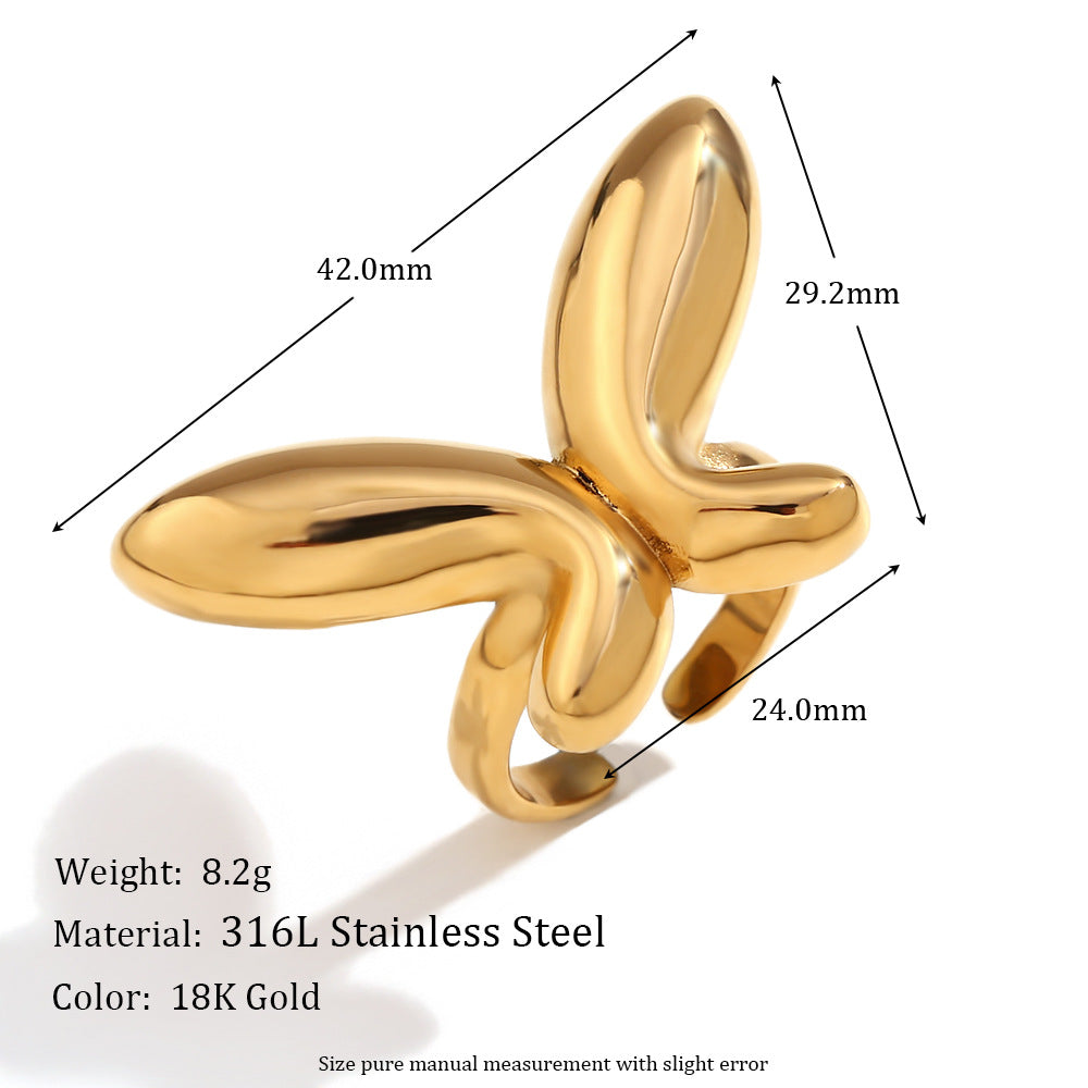 Anillo de acero inoxidable con forma de mariposa a la moda y chapado en oro de 18 quilates para mujer