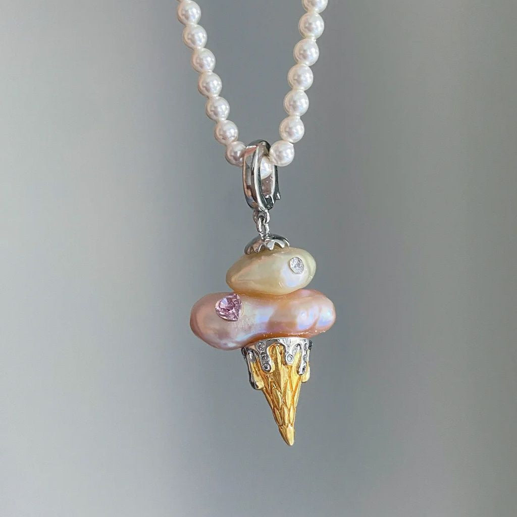 Cute Ice Cream Shaped Geometric Pendant Necklace for Women with Plated Copper Chain and Fresh Sweet Style