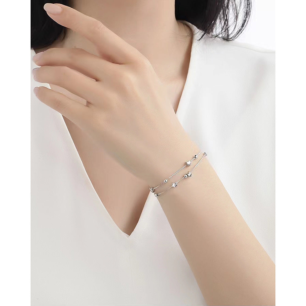Bracciale da donna con doppio strato di perline a forma di stella minimalista, fresco e dolce, in argento sterling S925