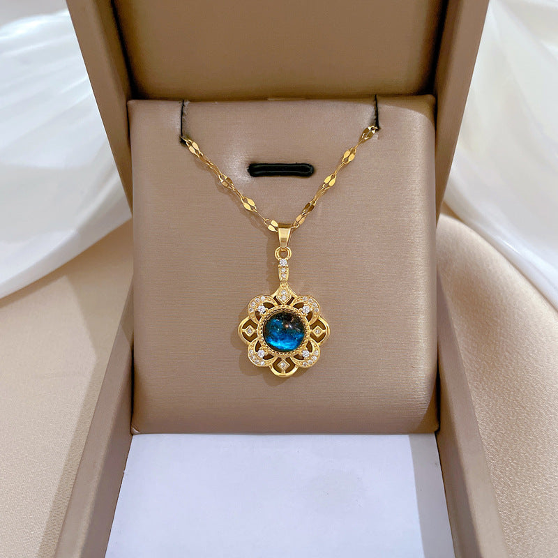 Luxury Starry Sky Floral Pendant Necklace for Women Titanium Steel Geometric Chain with Rhinestone Inlay Elegant Clavicle Necklace