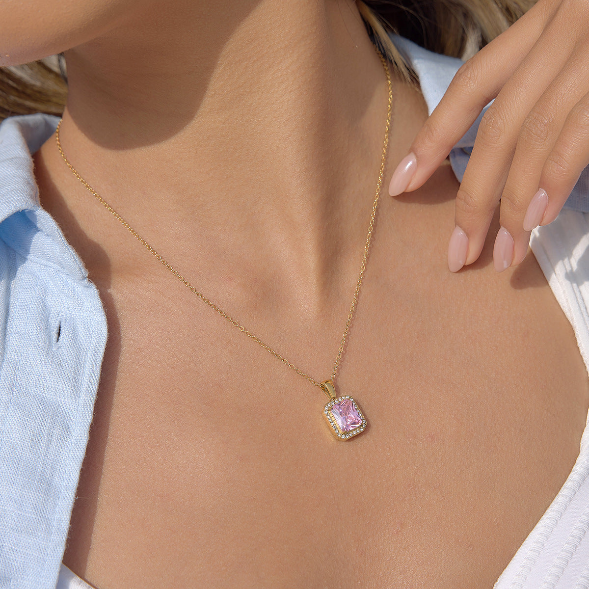 Minimalist Pink Cubic Zirconia Geometric Square PVD Gold Plated Stainless Steel Necklace for Women