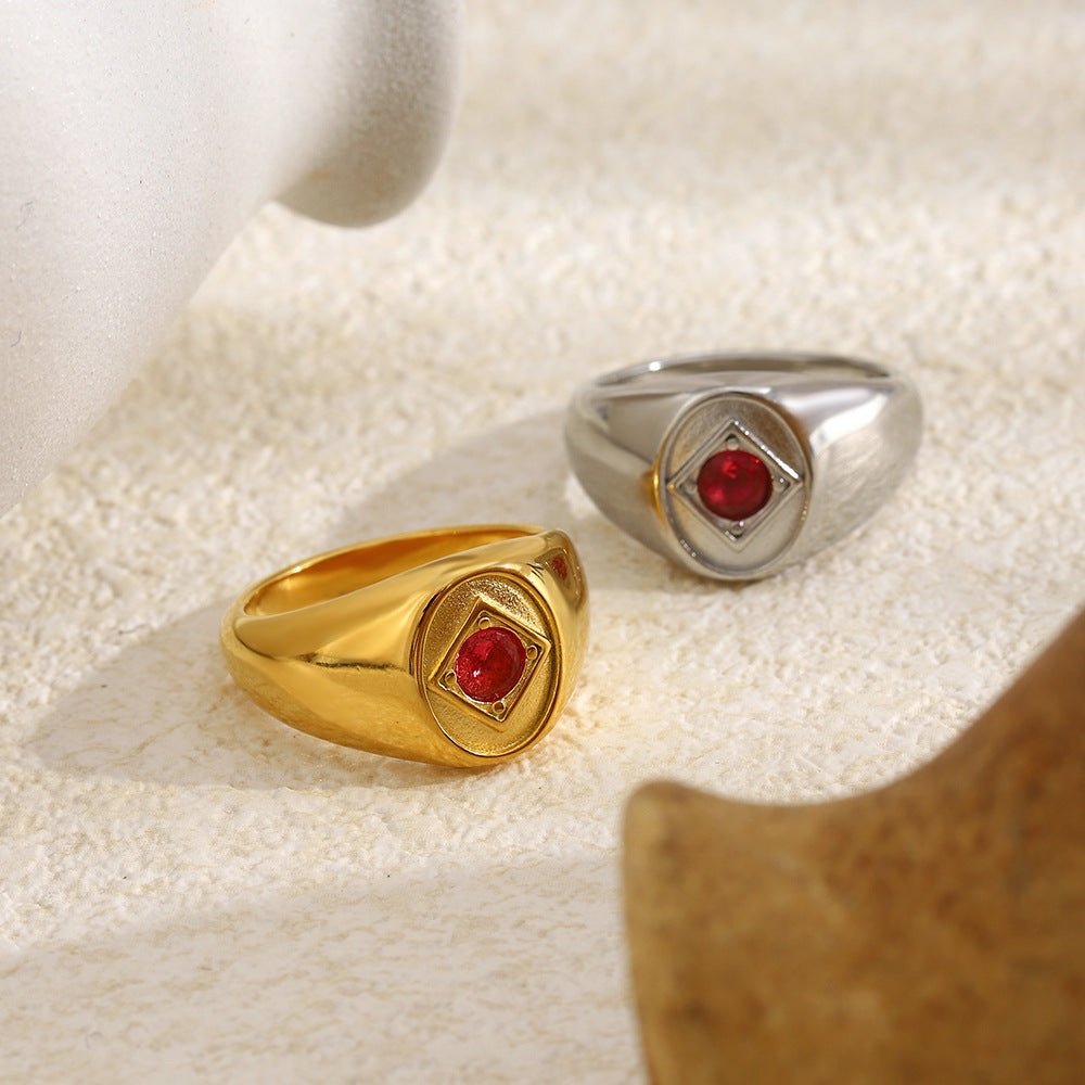 Vintage 18K Gold Plated Geometric Round Stainless Steel Ring with Red Rhinestone for Women