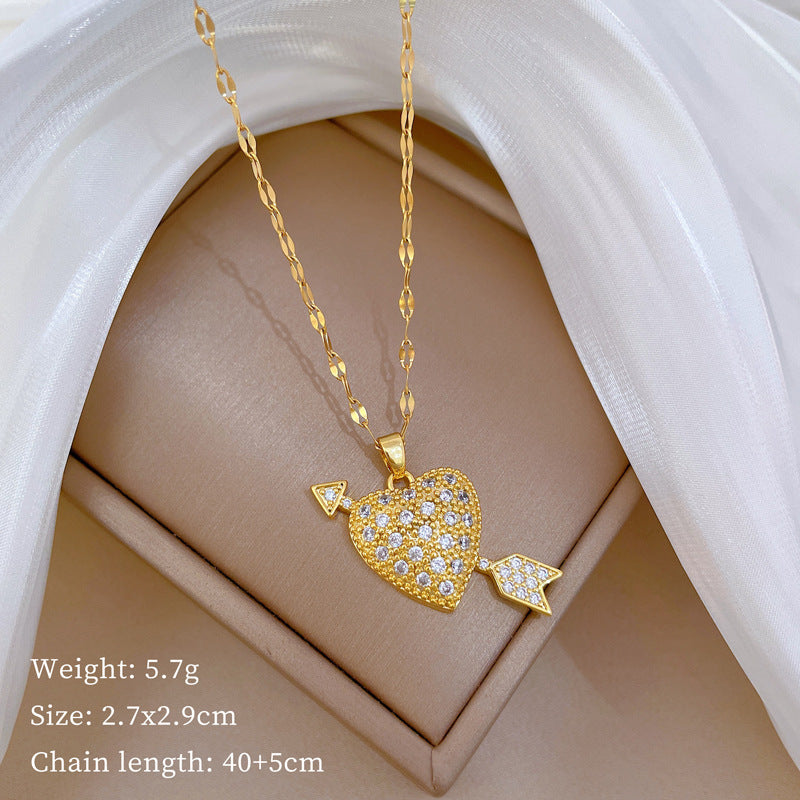 Luxury Minimalist Sweet Geometric Rhinestone Pendant Necklace for Women Titanium Steel O-Chain
