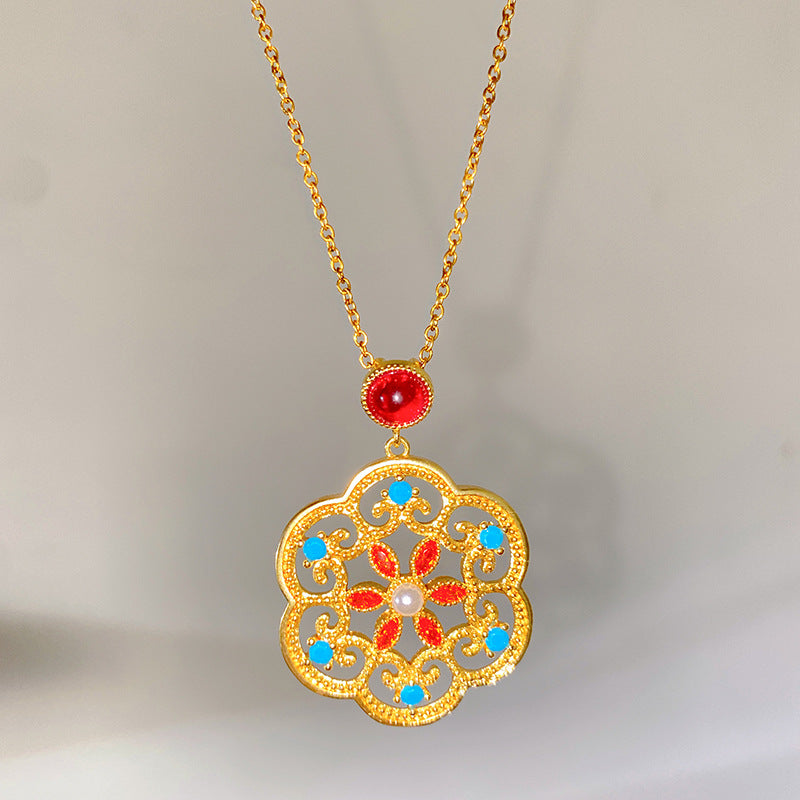 Sweet Sporty Floral Heart Titanium Steel Plated Necklace with Brass Pendant Cable Chain Unisex