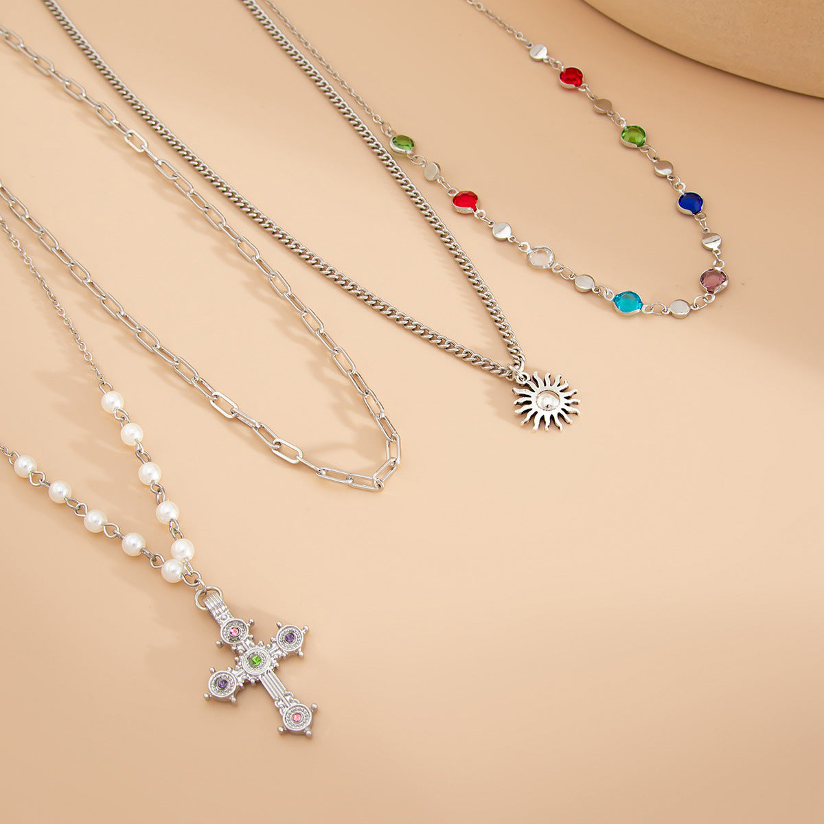 Bohemian Vintage Cross Crystal Plated Alloy Necklace Set for Unisex