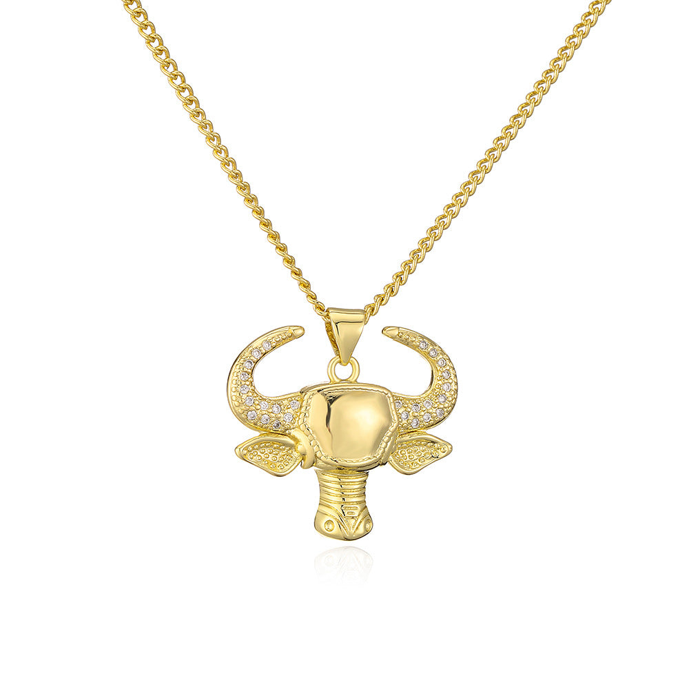 Vintage Geometric Bull Head Pendant Necklace for Women in Copper with 18K Gold Plating and Zircon Inlay