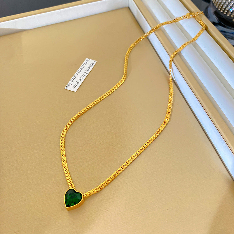 Luxury Heart Geometric Stainless Steel Plated Necklace with Green Gemstone for Women