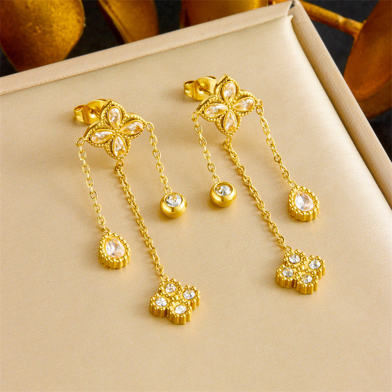 Elegant Rhinestone Inlaid Four-Petal Flower Tassel Stainless Steel Jewelry Set for Women